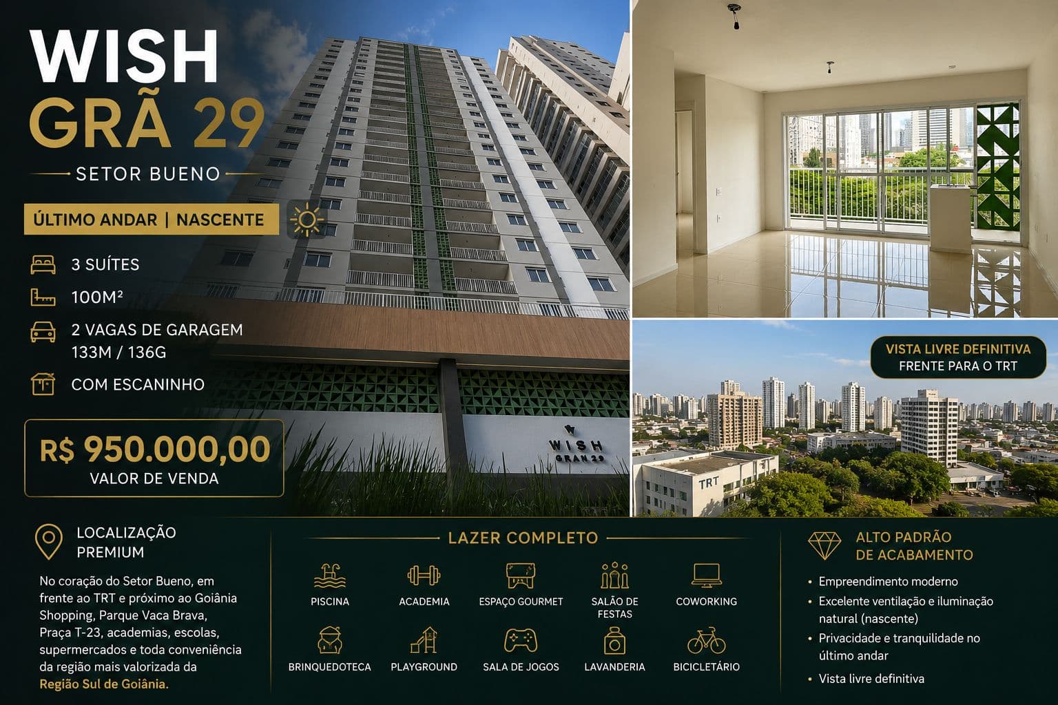 OPORTUNIDADE NO WISH GRÃ 29 | 3 SUÍTES | ÚLTIMO ANDAR | VISTA LIVRE DEFINITIVA