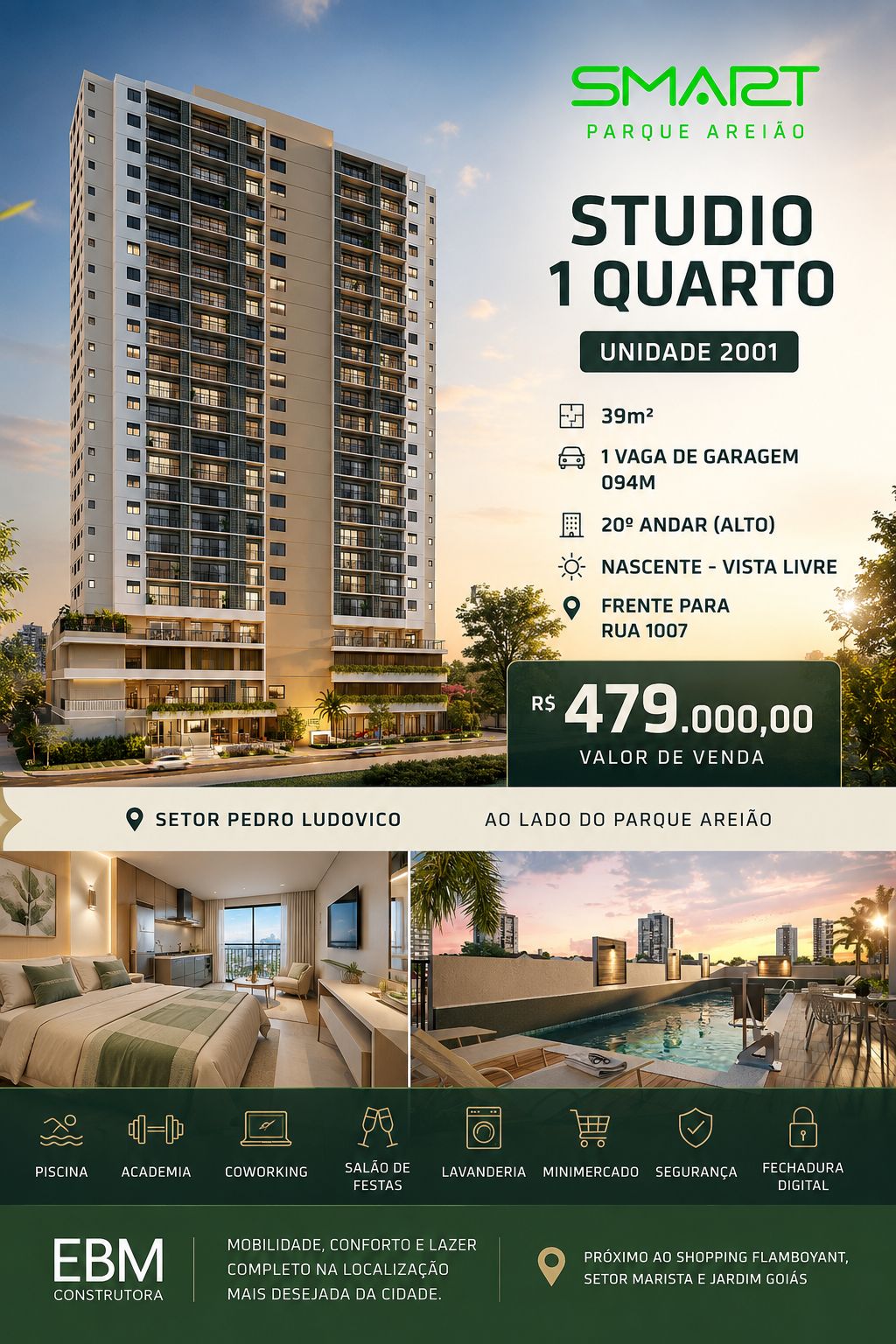SMART PARQUE AREIÃO | STUDIO (1 Q) NO 20º ANDAR | VISTA LIVRE | AO LADO DO PARQUE AREIÃO