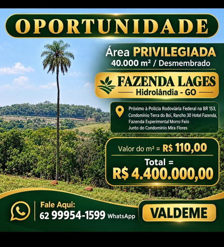 TERRENO - 40.000m² - Hidrolândia - Fazenda Lages