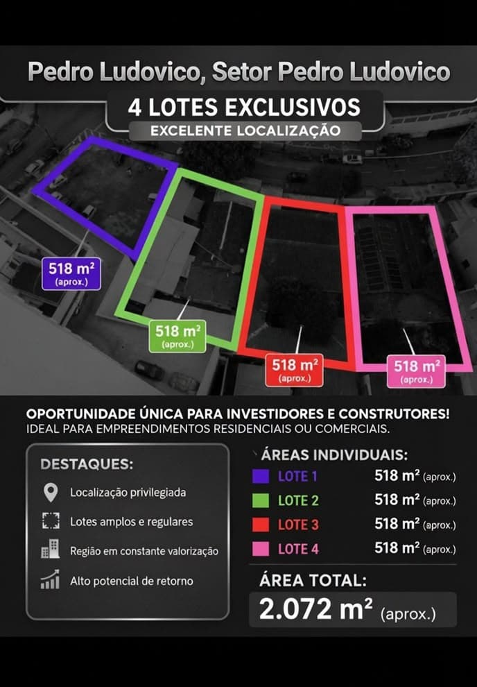 Pedro Ludovico 4 Lotes Exclusivos à Venda – São 4 lotes individuais, com 518 m² cada - cerca de 2.072 m²