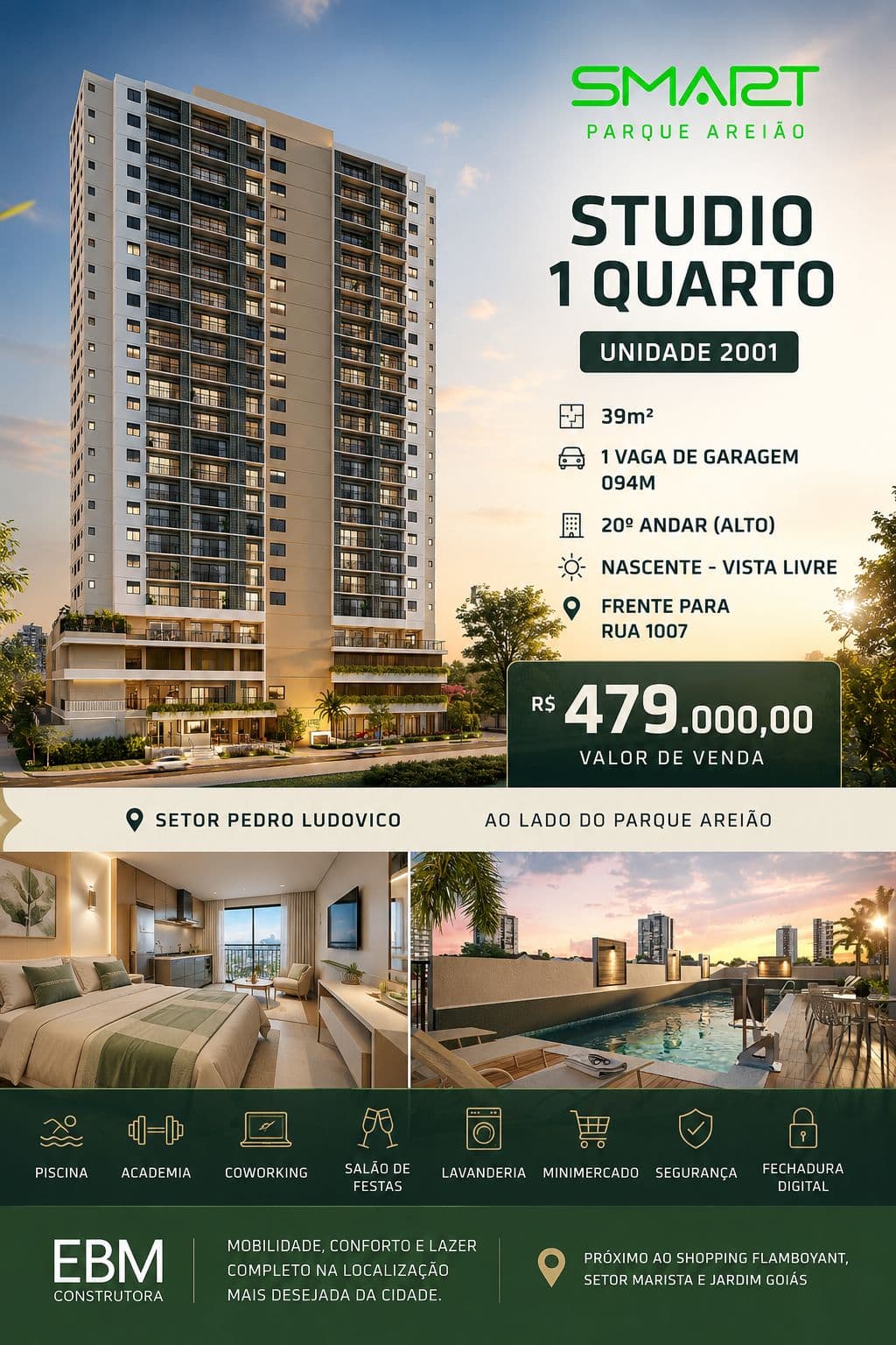 SMART PARQUE AREIÃO | STUDIO (1 Q) NO 20º ANDAR | VISTA LIVRE | AO LADO DO PARQUE AREIÃO